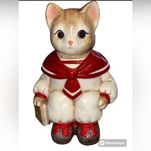 Vtg Japan Wilbur Milton Anthropomorphic Red Sailor Cat Cookie Jar glass eyes